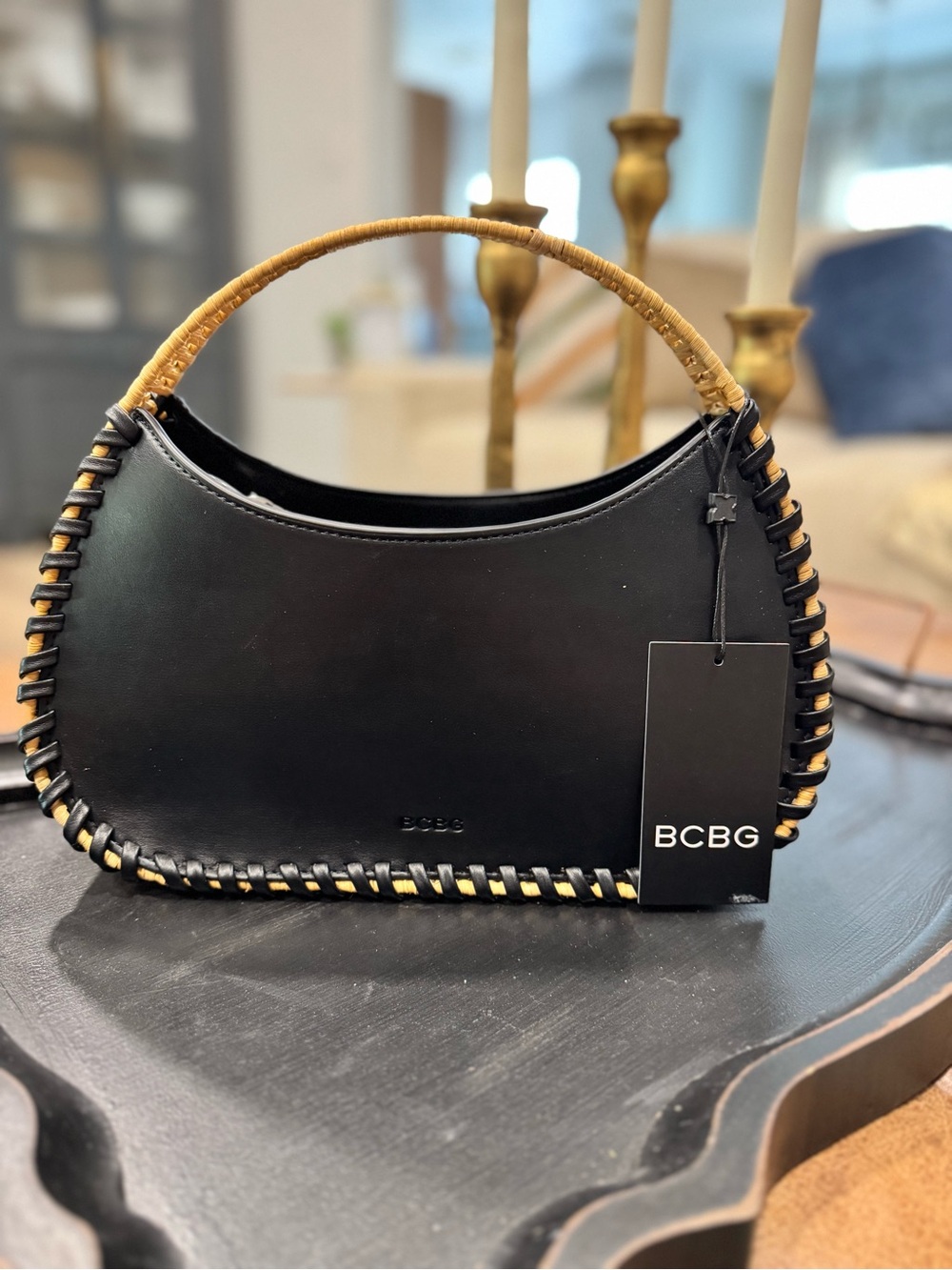 BCBG Black Leather Hobo with Tan Whipstitch Handle